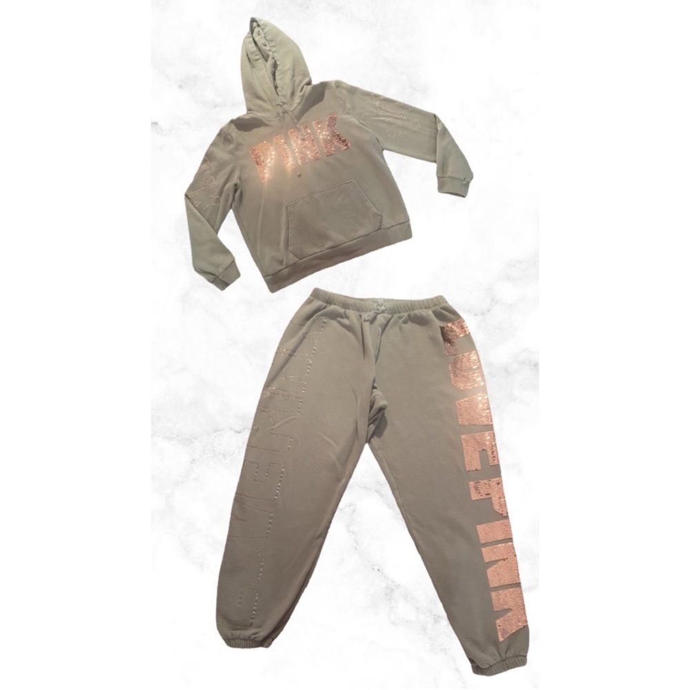 Pink Tracksuit Set Rose Gold Bling Faded Green Pullover Hoodie,Classic Pant Sz L